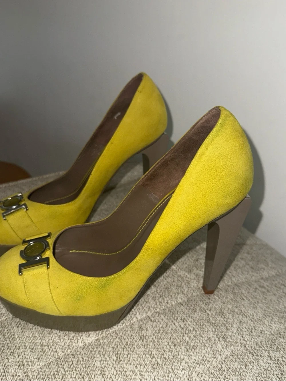 Versace Collection Yellow Suede Heels with Silver Medallion